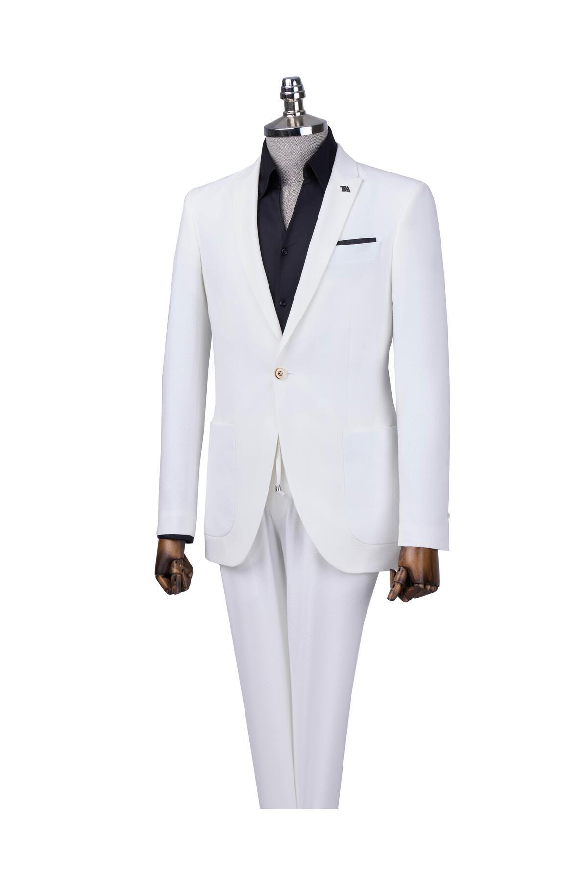 TerziAdemAltun İtalyan stil slim fit ceket pantolon takım elbise beyaz T12518