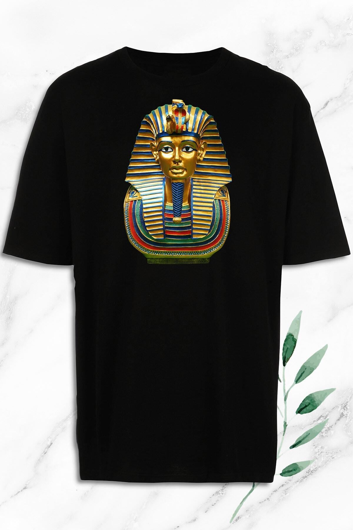 Pisa Art Unisex Siyah Oversize Antik Mısır Egypt Firavun Heykel Baskılı Tişört