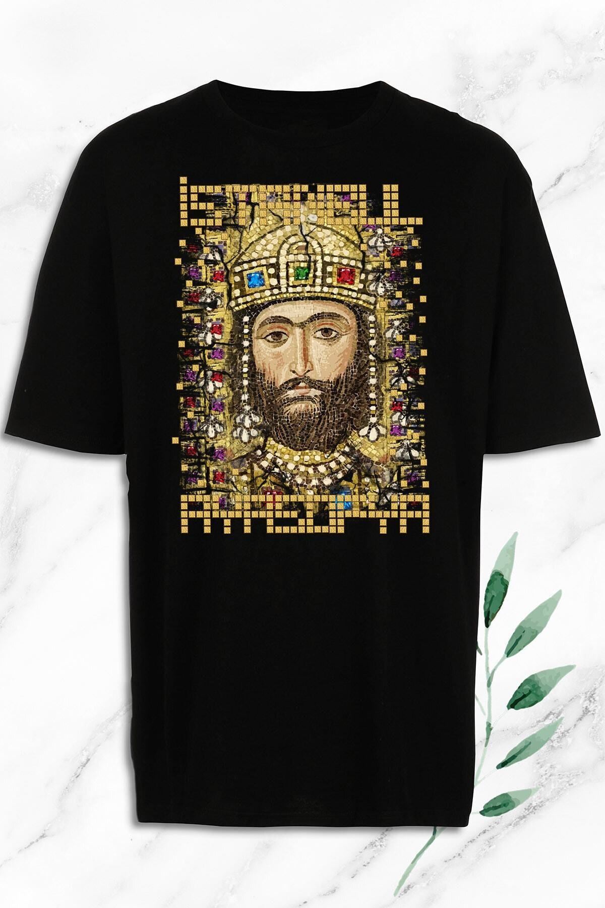 Pisa Art Unisex Siyah Oversize Mitoloji Istanbul Ayasofya Mozaik Baskılı Tişört