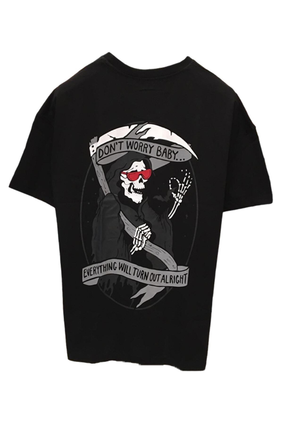Pisa Art Unisex Oversize All Right Skeleton Sırt Baskılı Siyah Tişört