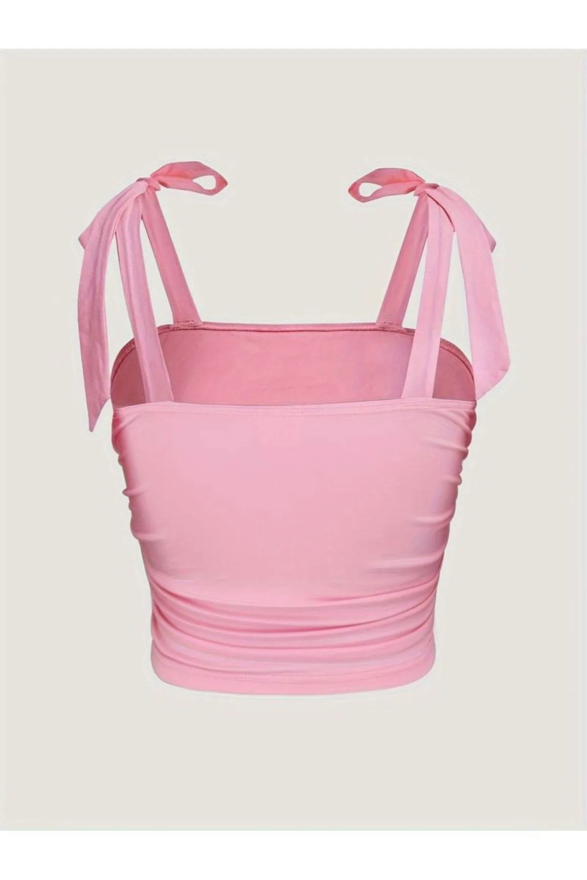 Marin Star  Pembe Fiyonklu Yazlık Likralı Crop,Pembe Omuzdan Bağlamalı Fiyonk Geniş Askılı Bluz Üst,Büzgülü Crop - Görsel 2