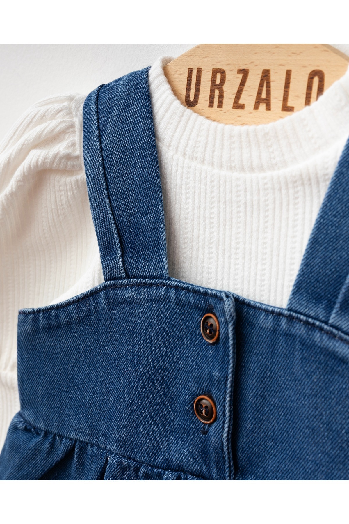 Little Baby URZALO Püsküllü Kız Bebek Kot Jile Elbise %100 Pamuk Likralı Ribana Balon Bluz Lüks Jean fotoğrafı 4 (önizleme)