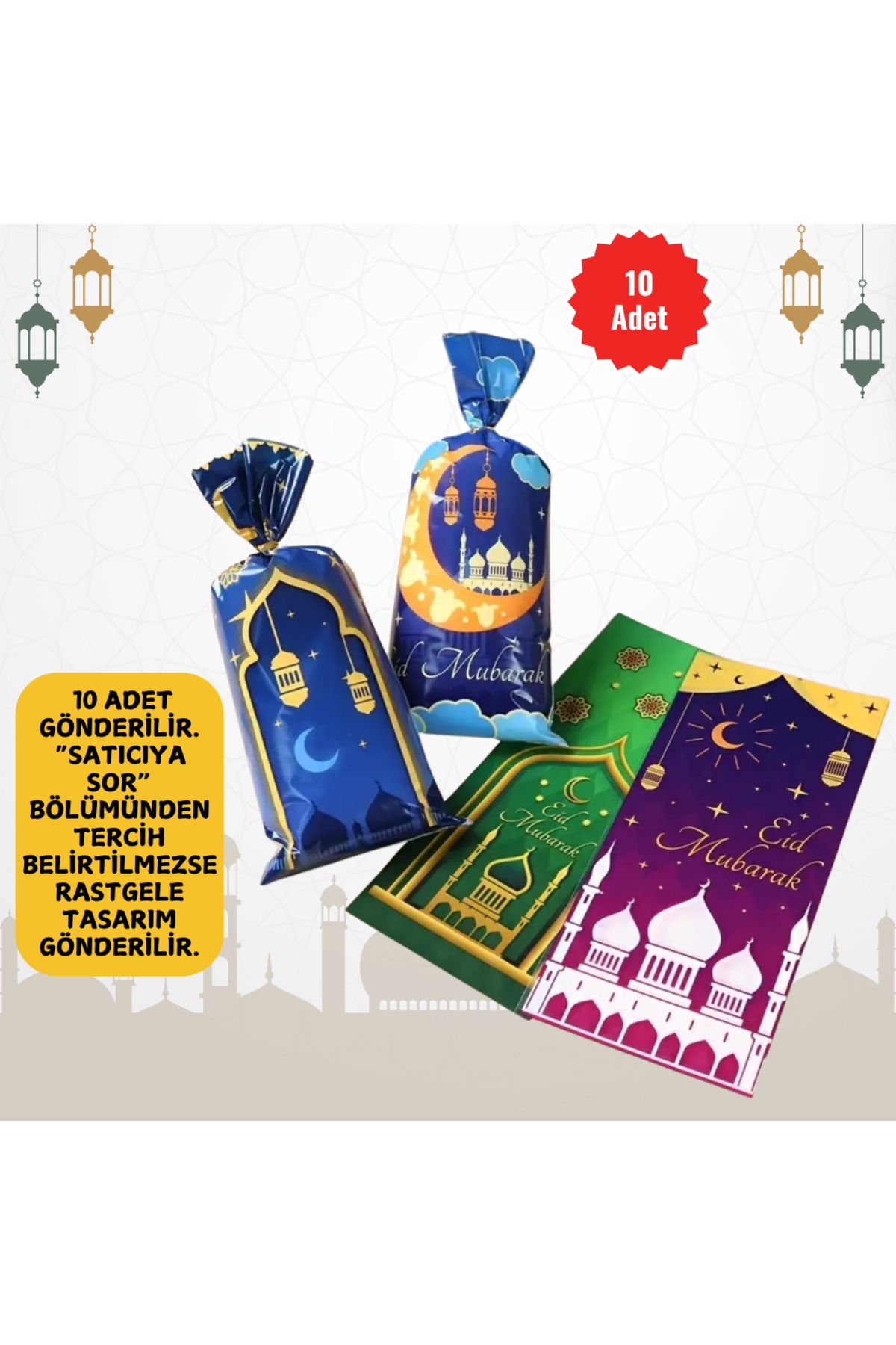 MUTLUYÜZ 10 Pungi Colorate Pentru Cadou Ramadan Eid (27 Cm X 12,5 Cm) Cu Legare (biscuiți, Bomburi, Curmale) - One Size