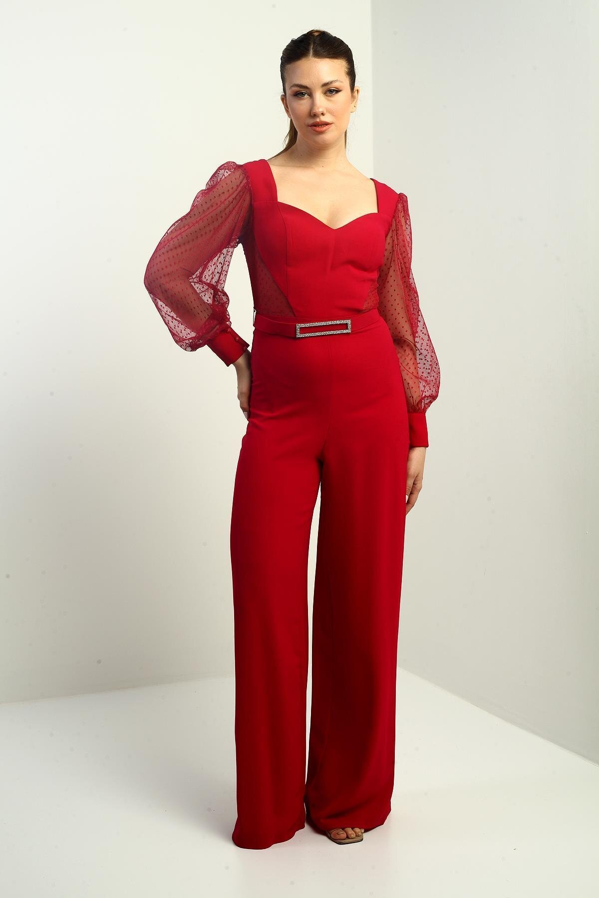 By Saygı-Women's Sweetheart Neck Long Tulle Sleeve Belted Palazzo Crepe Jumpsuit 3