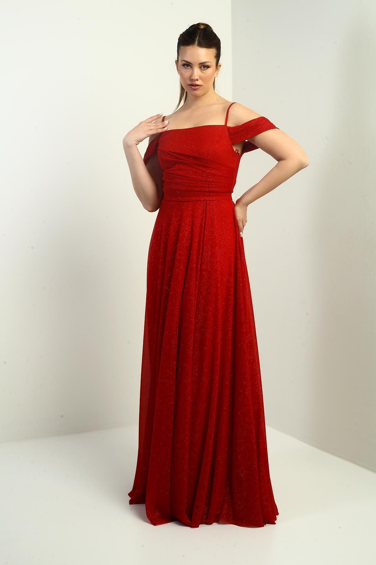 By Saygı-Women's Rope Strap Skirt Flared Lined Long Glitter Dress 2