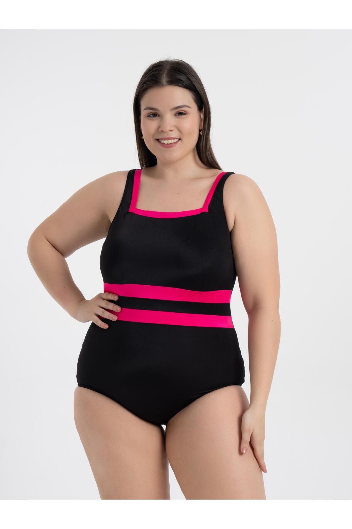 AQUAVİVA-Aquaviva Women's Plus Size Black-Pink Belinda Gathering Square Neck Swimsuit 3