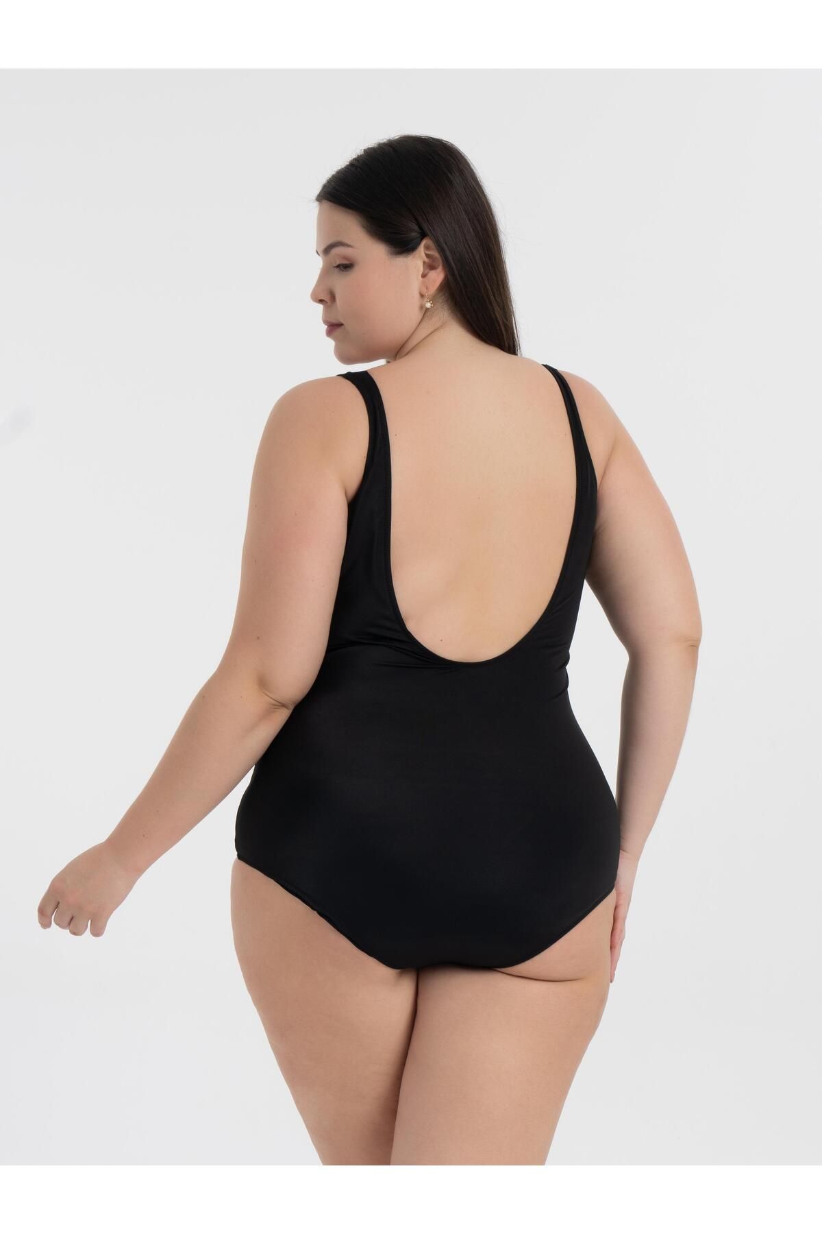 AQUAVİVA-Aquaviva Women's Plus Size Black -Saks Belinda Gathering Square Neck Swimsuit 4