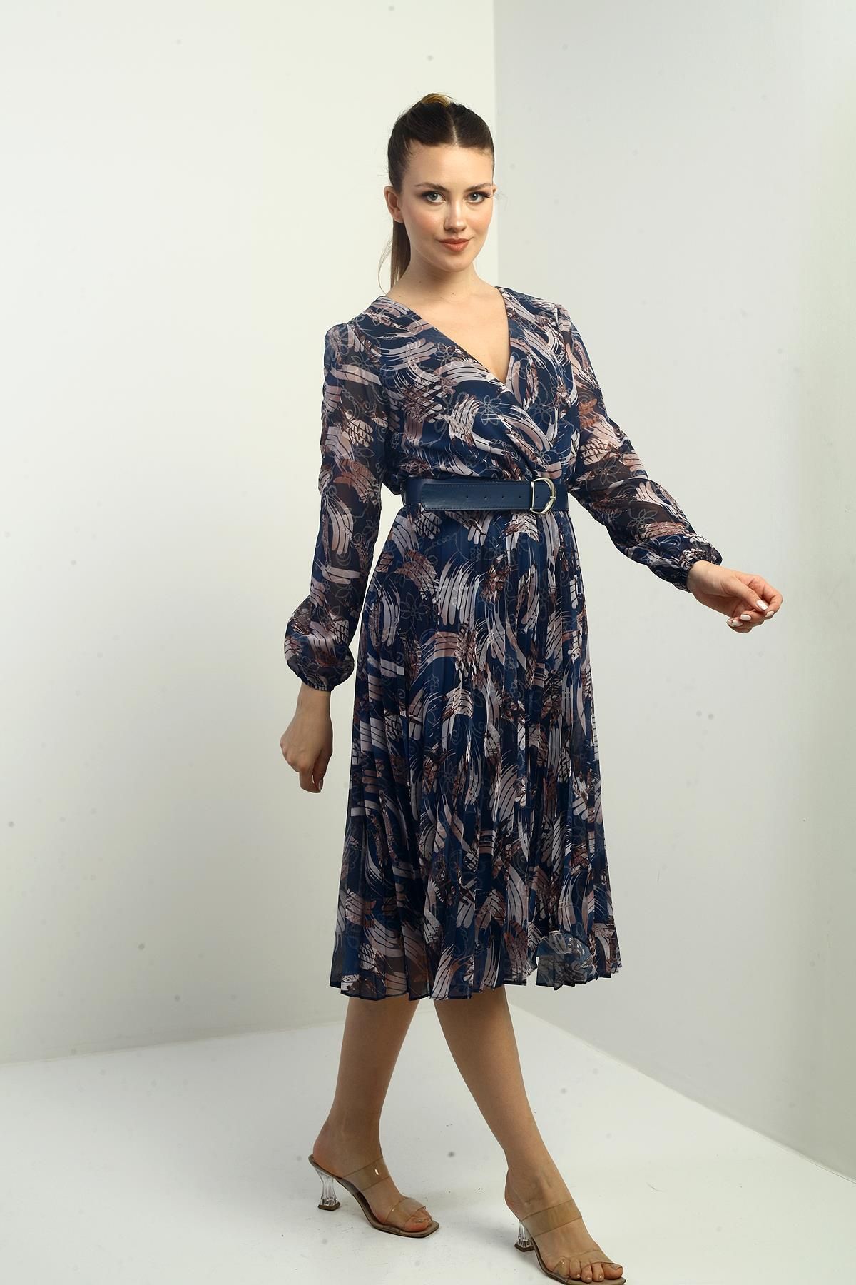 By Saygı-Women's Double Breasted Neckline Waist Belted Lined Pleated Patterned Midi Chiffon Dress 2