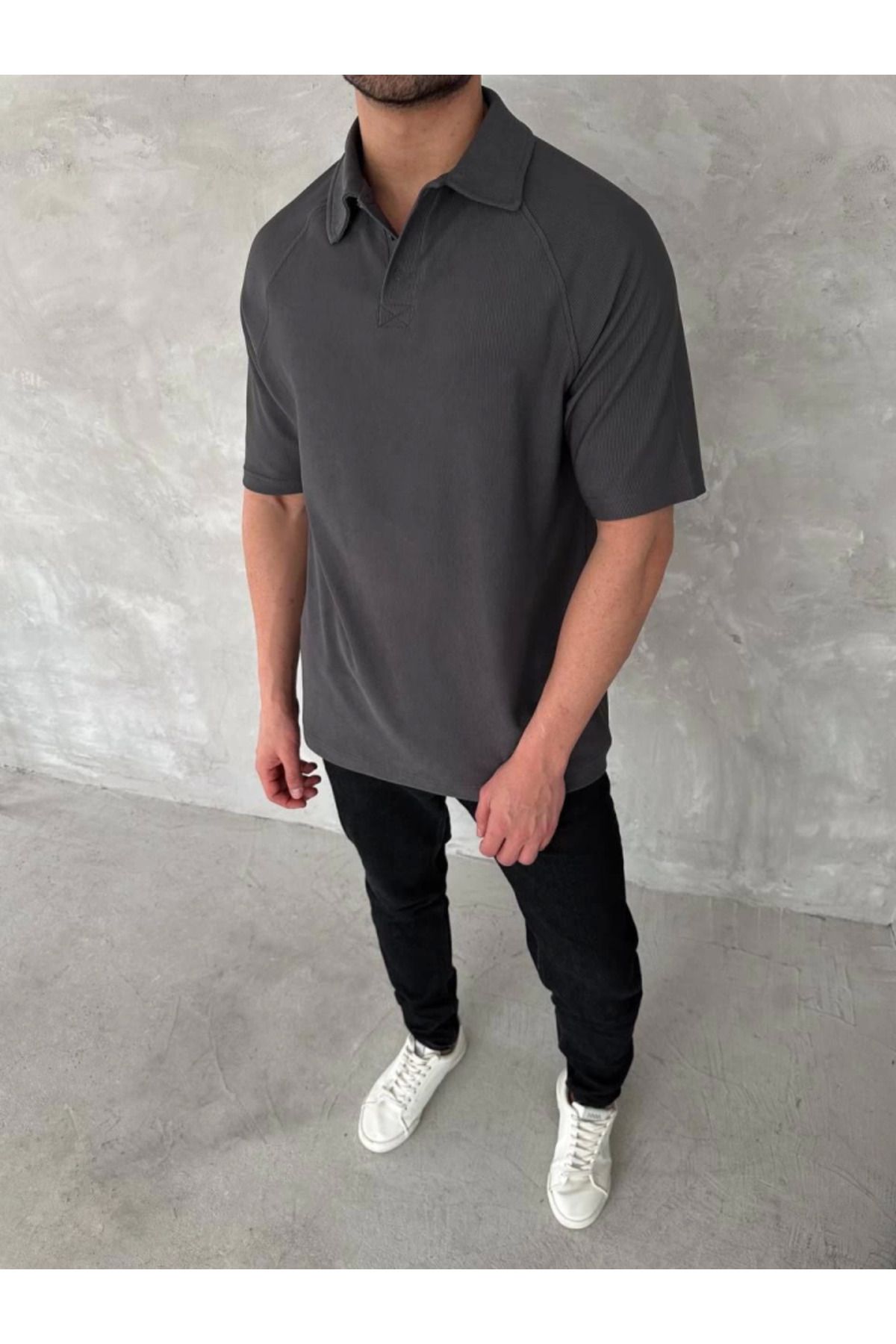 MHT STORE Yakalı Patlı Kısa Kol T-shirt - Antrasit