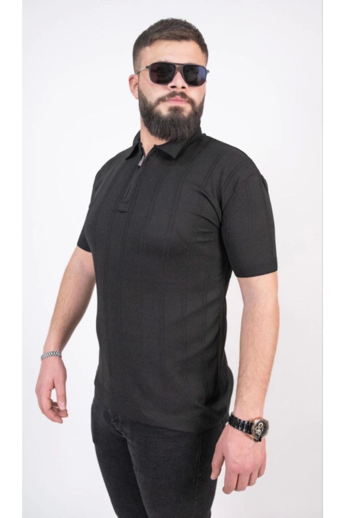 MHT STORE Triko Dokuma Yarım Fermuarlı Yakalı T-shirt - Siyah