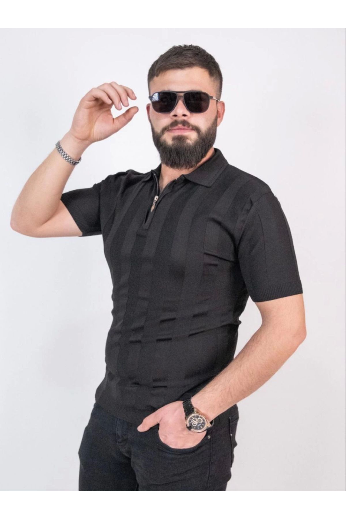 MHT STORE Triko Dokuma Yarım Fermuarlı Yakalı T-shirt - Siyah