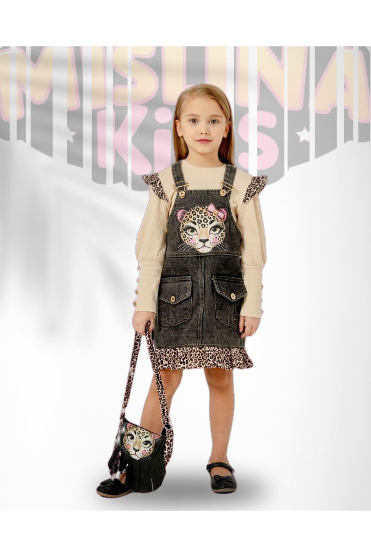 mislina kids Combinație De Blugi Cu Broderie Cu Piatră Cu Model Leopard Și Pieptănat Cu Volane Și Geantă Cu Design Special Femeie - 5 years old