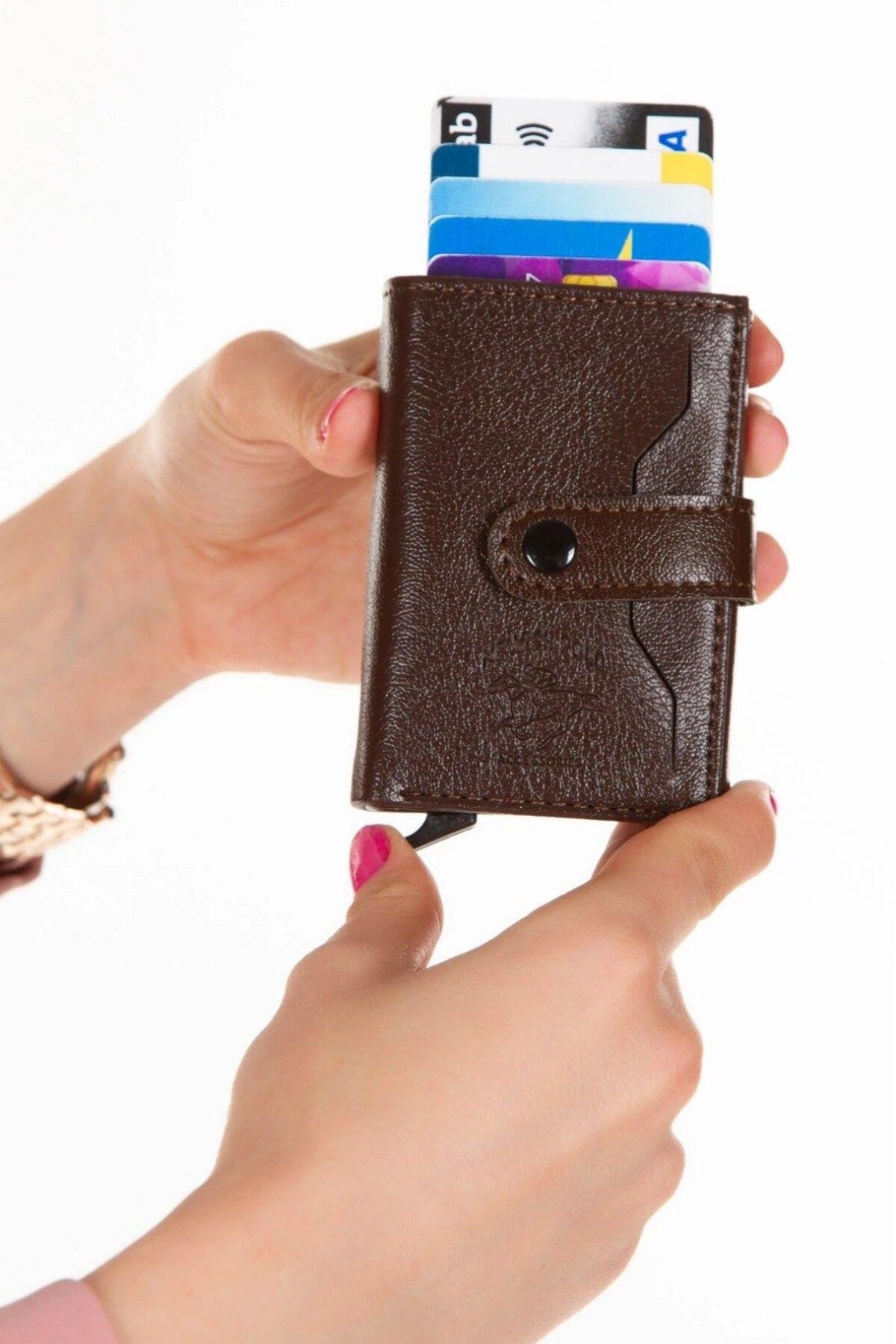 کیف پول مردانه محافظت از RFID چرمی آلومینیوم اتوماتیک کارت مکانیز و قهوه ای Newish Polo