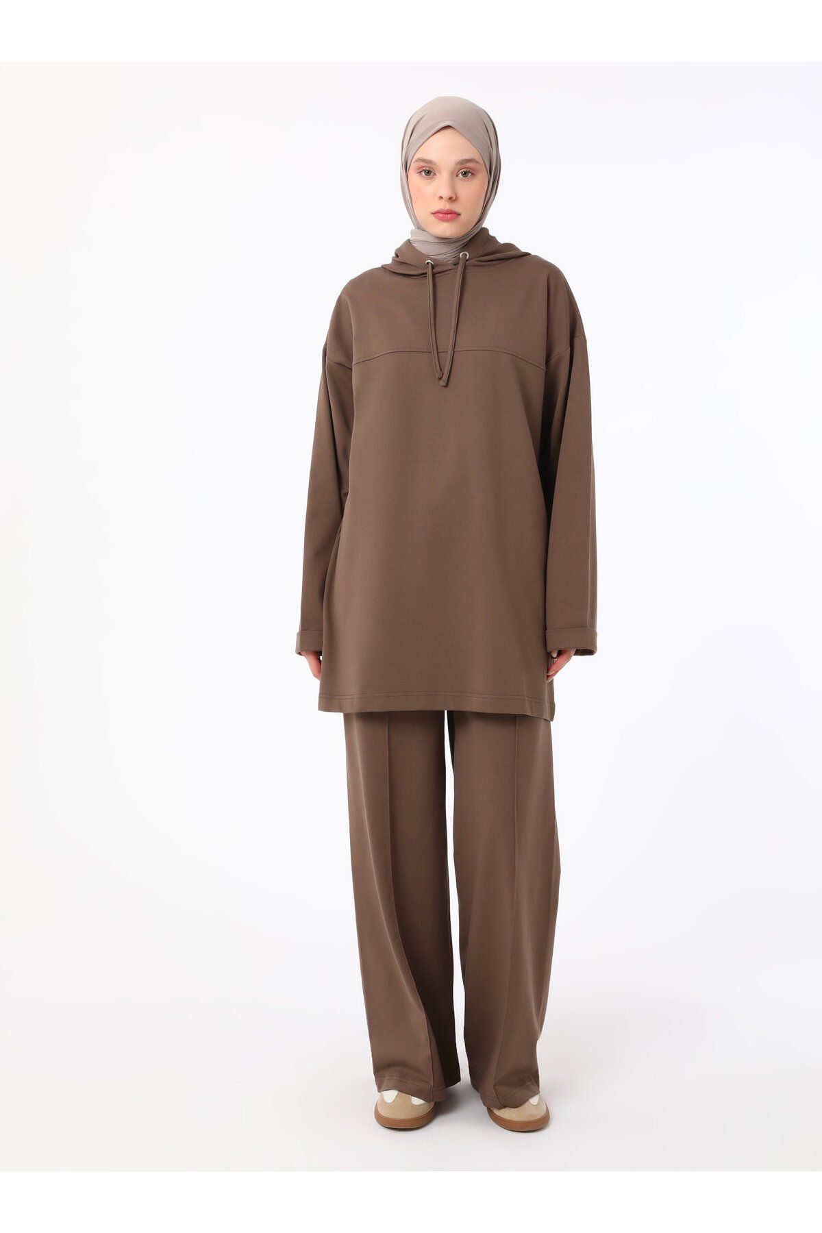 Refka-Hooded Tracksuit Set with Stitching Detail - Bitter Brown - Basic 4