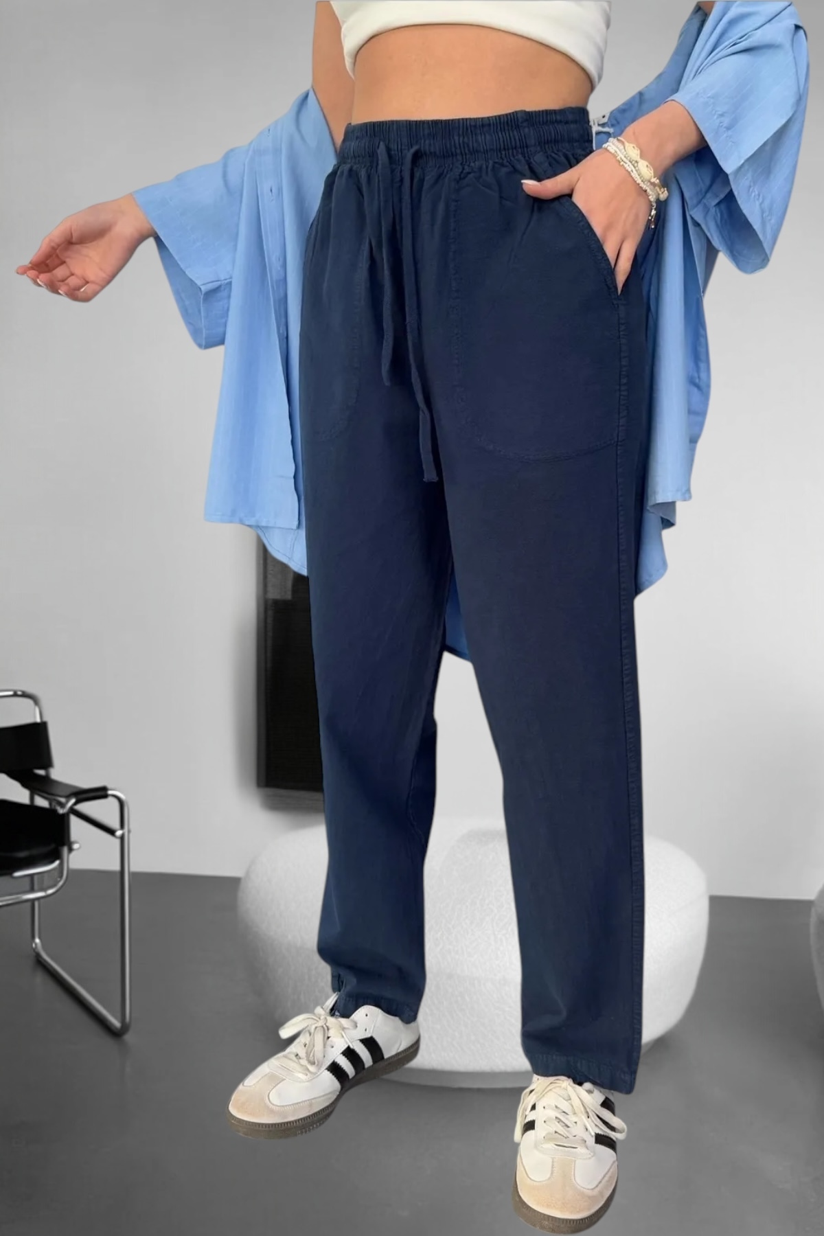 BİRBEYSTORE Keten Pantolon Hambez Alt Eşofman Rahat Kalıp Büyük Beden Ham bez Unisex Relaxed (Lacivert) görsel 3