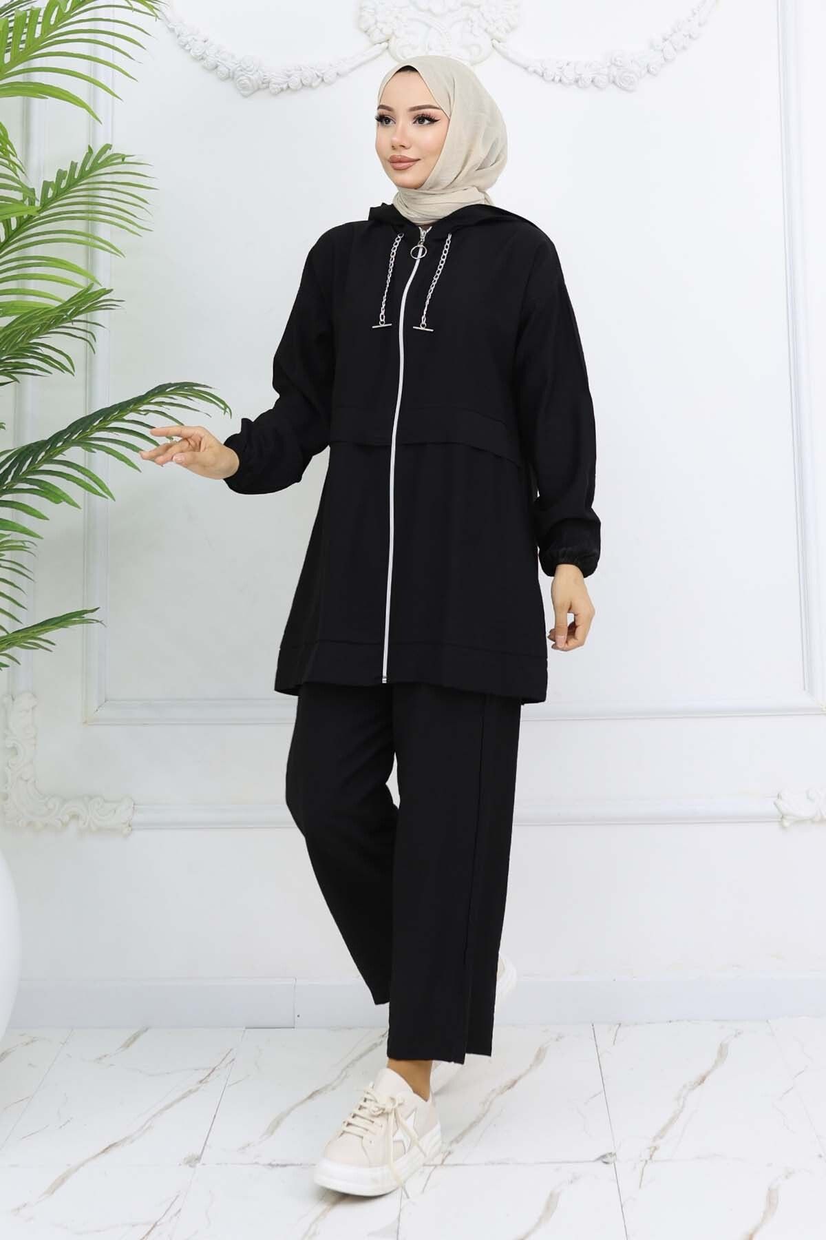 benguen-Black Black Chain Detailed Hijab Suit 4760 5