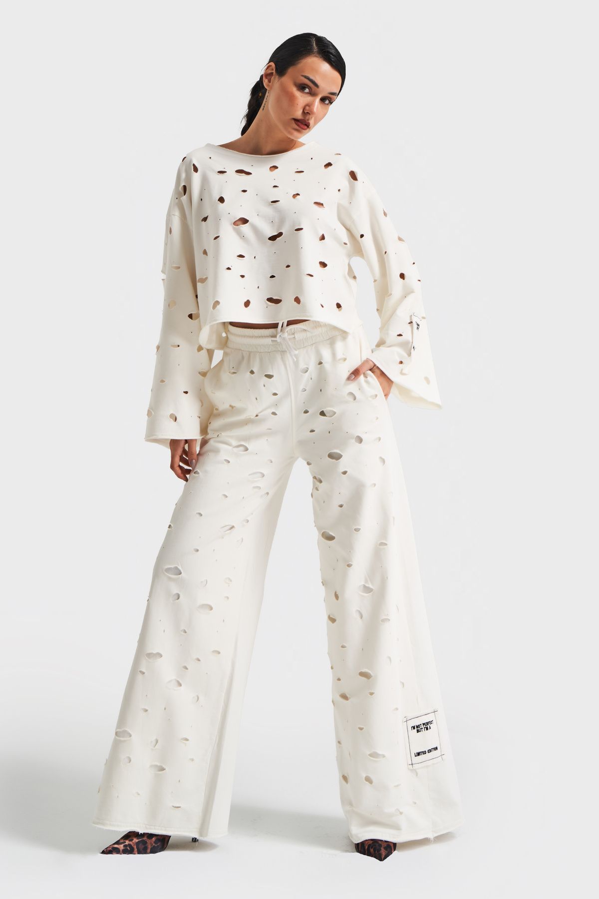 its basic-Women's Ecru Color Palazzo Fit Ripped Detailed Knitted Fabric Design Trousers 2