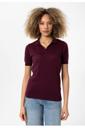 Williot Kadın Eflatun Ince Basic Kısa Kol Düğmesiz Polo Yaka Triko T-shirt
