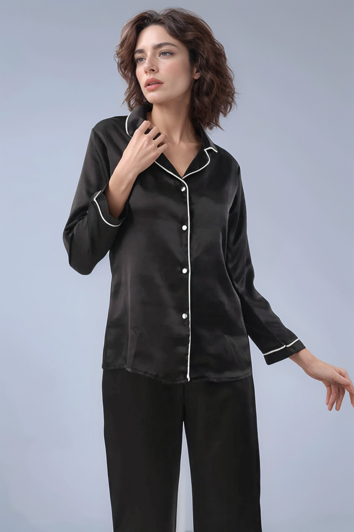 Soweto Kadın Siyah Pijama Şortlu Takım Dantelli Sabahlık Gecelik Kutulu 6'lı Çeyiz Seti- Saten- swt.0638