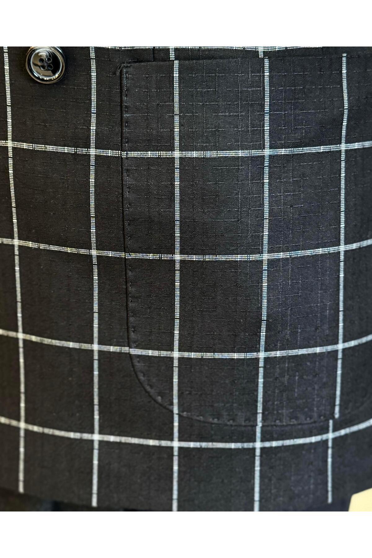 TerziAdemAltun İtalyan stil slim fit ekose kruvaze erkek tek ceket siyah T12895 görsel 3