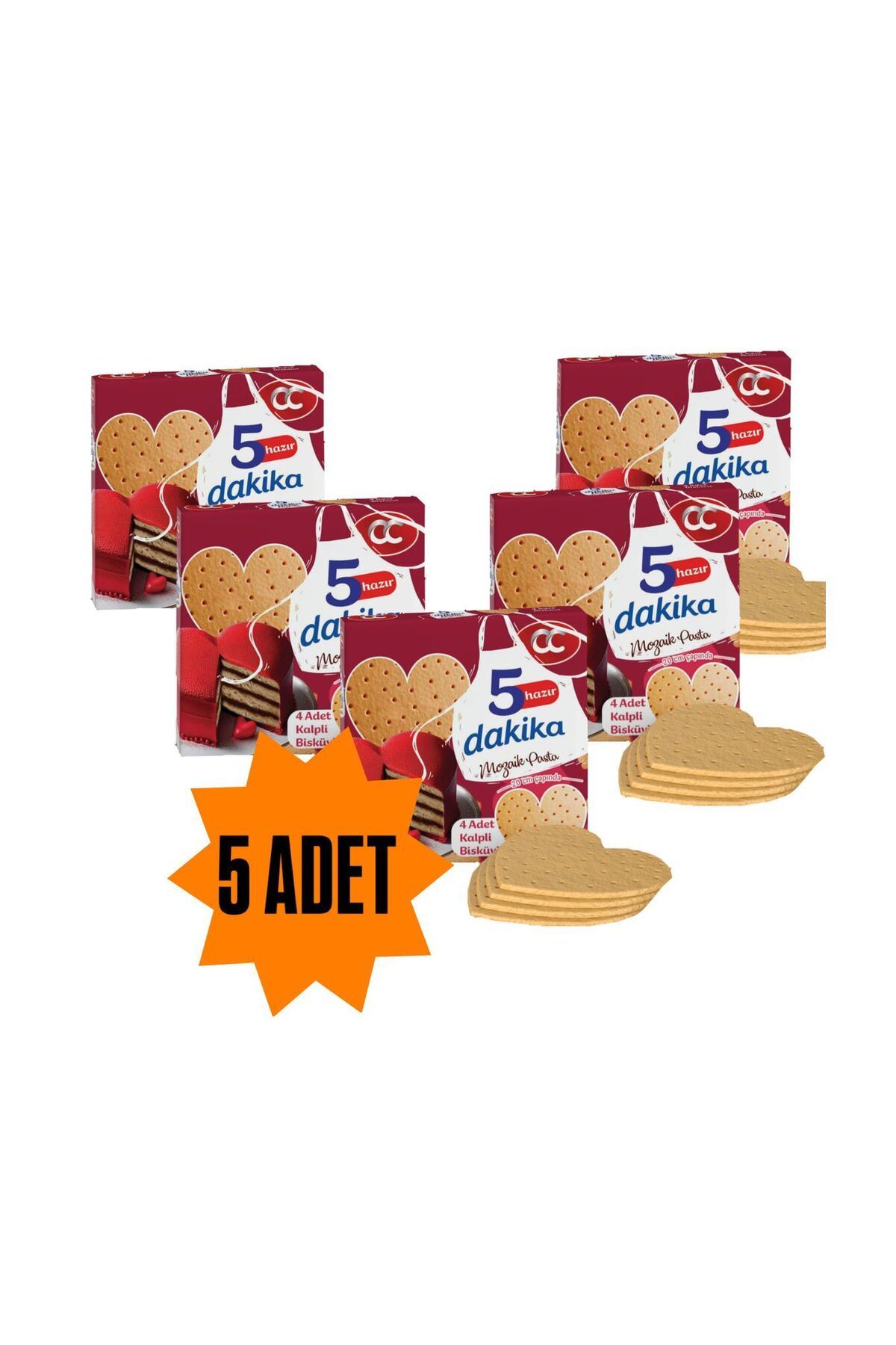 CC 5 Dakika Mozaik Pasta 5 Adet Kalp Şekilli 5 Dakika Hazır Mozaik Pasta - 20 cm Çapında 4 Kat Pasta Tabanı Bisküvisi