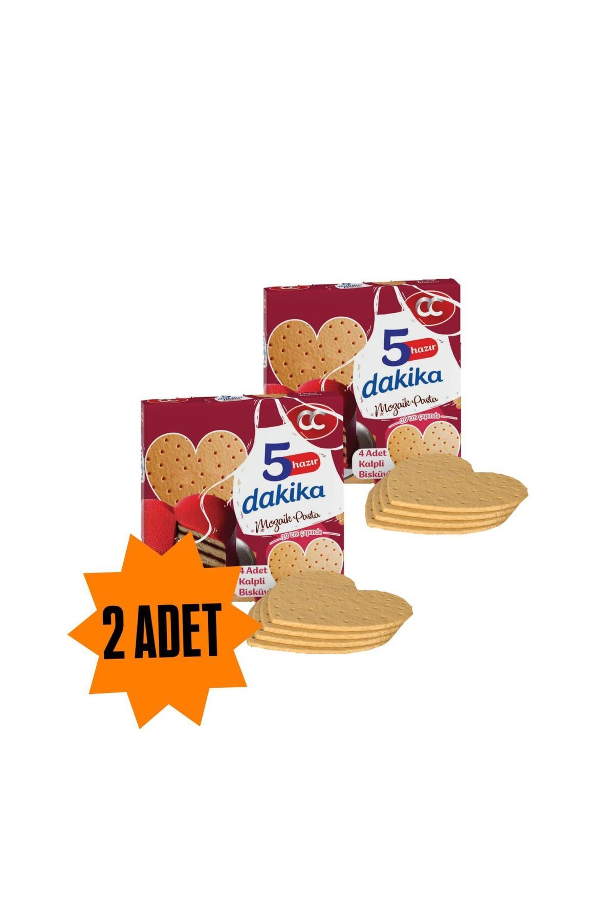 CC 5 Dakika Mozaik Pasta 2 Adet Kalp Şekilli 5 Dakika Hazır Mozaik Pasta - 20 cm Çapında 4 Kat Pasta Tabanı Bisküvisi