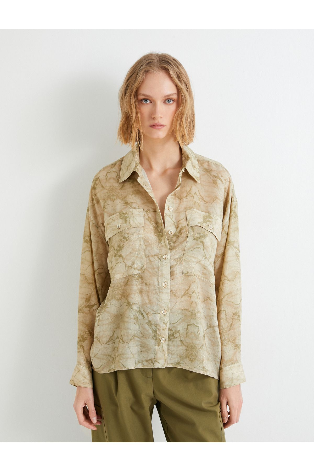 Koton-Oversize Shirt Long Sleeve Pocket Detailed Classic Collar Abstract Pattern 3