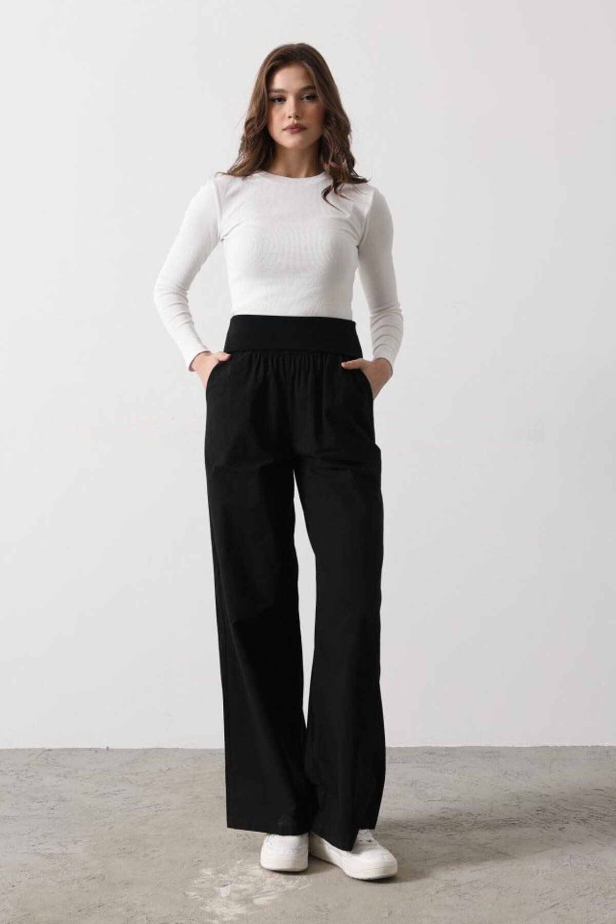 Meleners Katlanabilir Bel Pantolon - Siyah