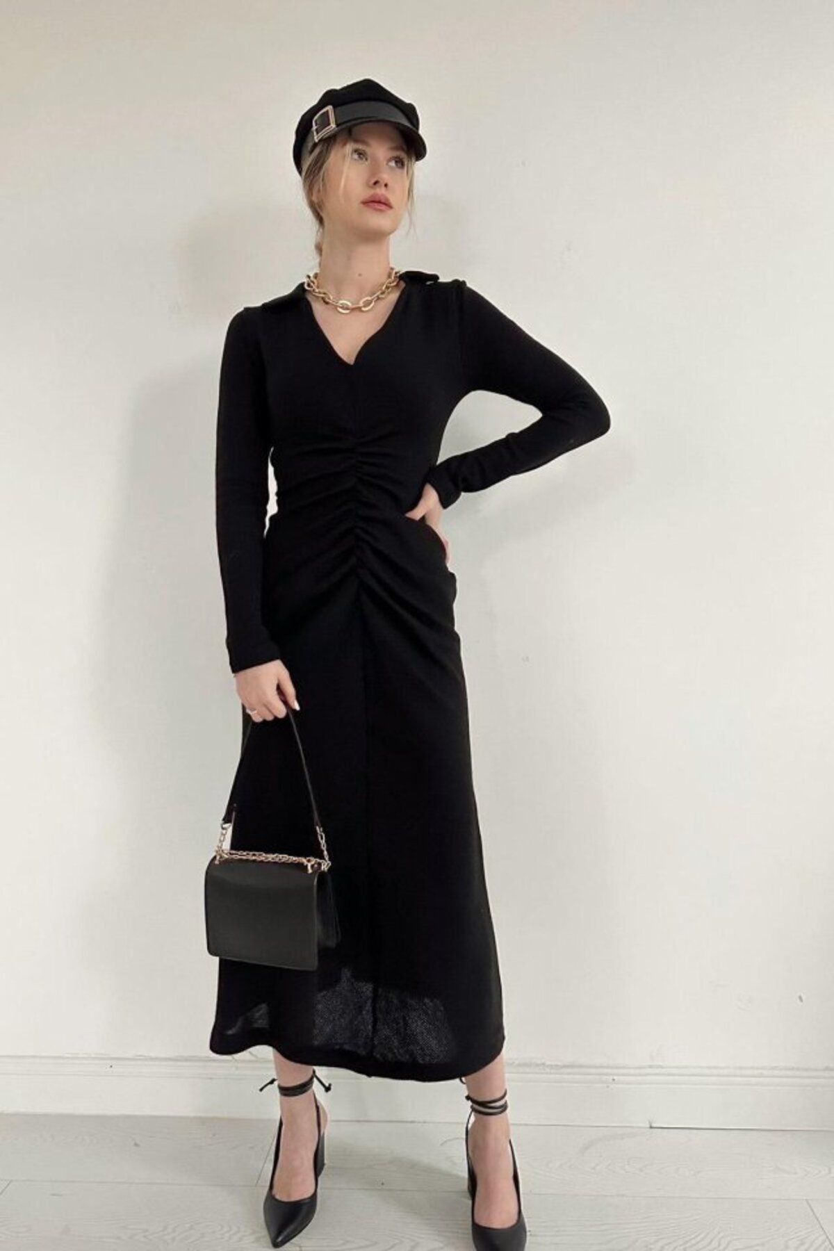 MRA Fashion Siyah Büzgülü Triko Balık Elbise