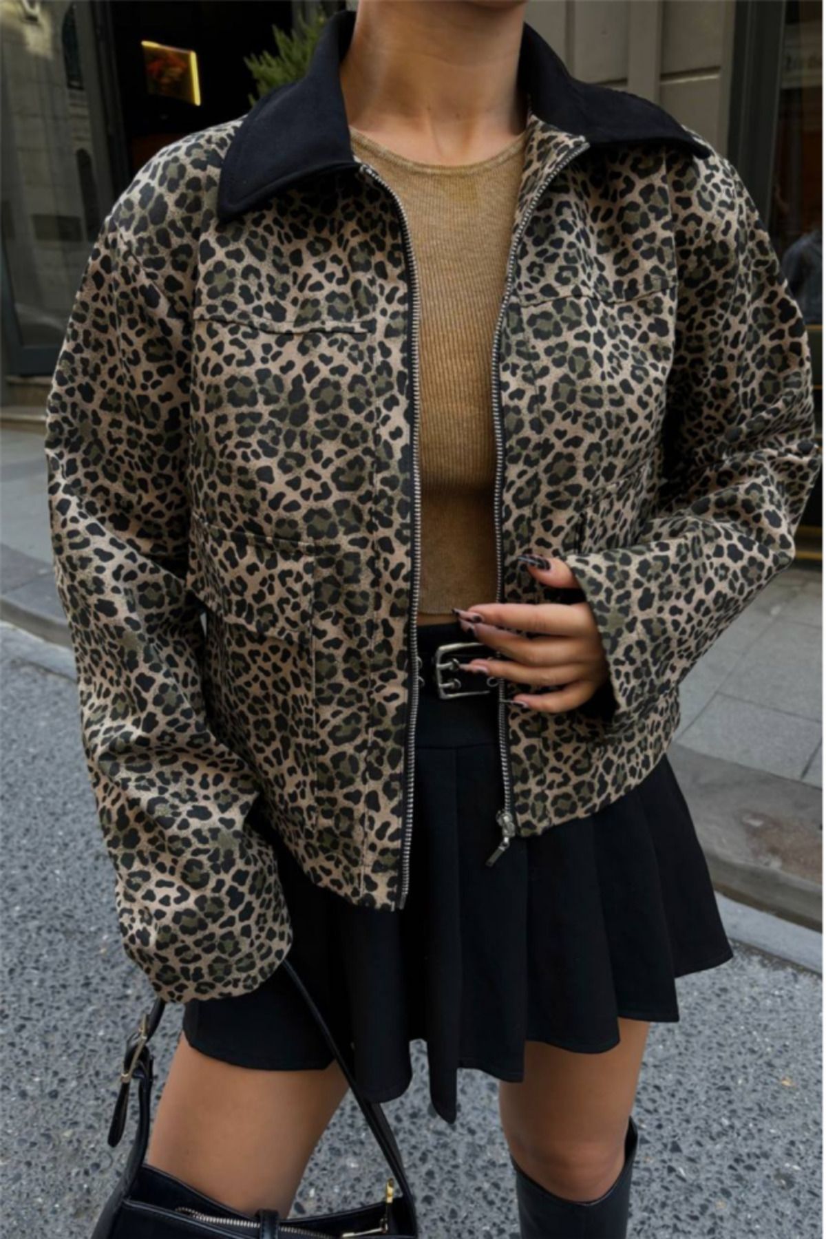 TUA MODA DESEN CROP CEKET GABARDİN - Leopar