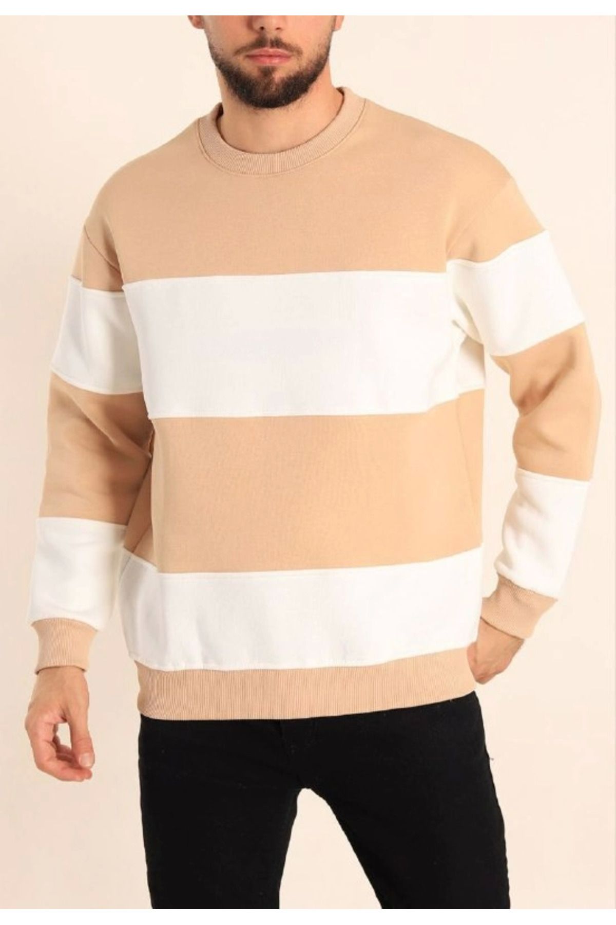 Melenza Parçalı Bisiklet Yaka Baskılı SweatShirt - Bej