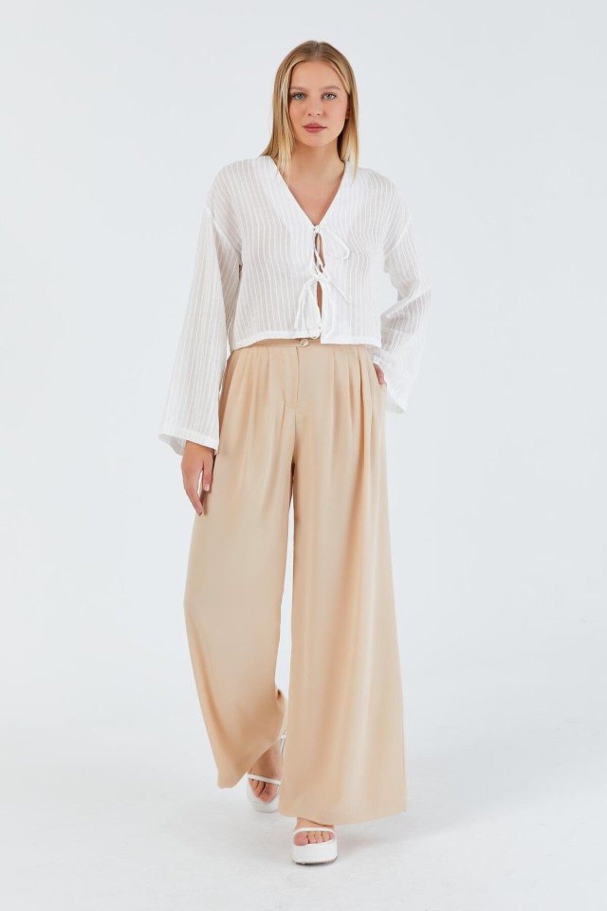 1001moda Pileli Palazzo Pantolon - Taş