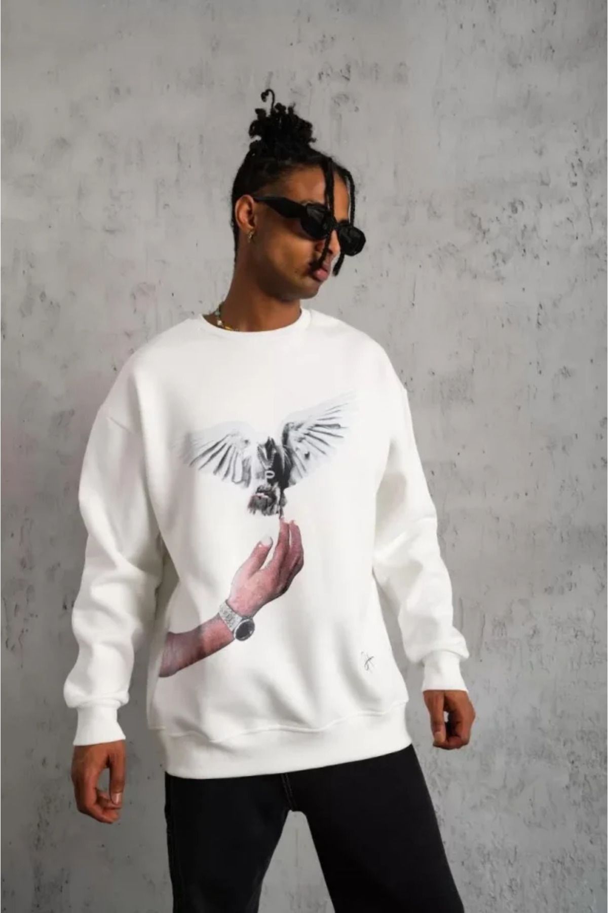 Melenza Erkek Güvercin Baskılı Sweatshirt - Beyaz