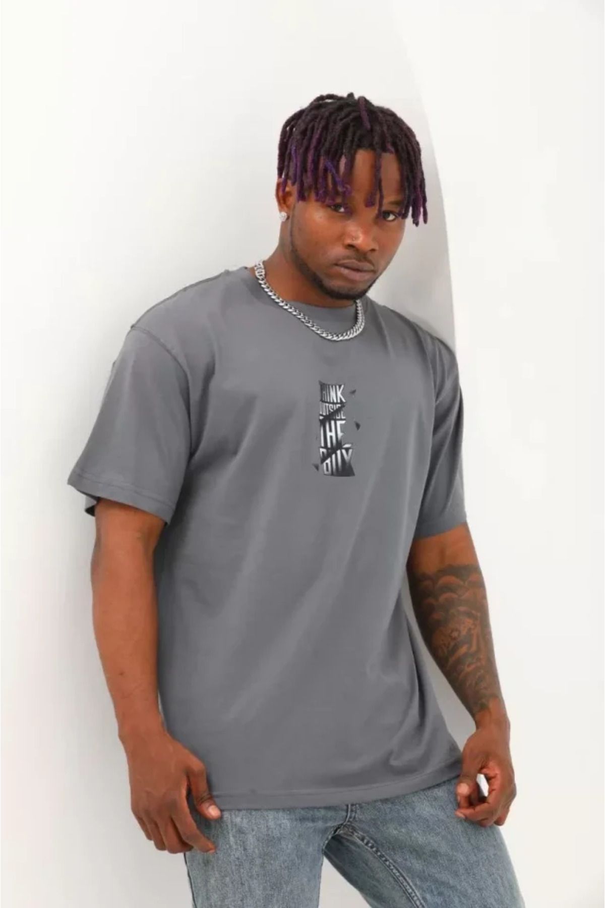 Asap Unisex Oversize Baskılı Bisiklet Yaka T-Shirt - Füme