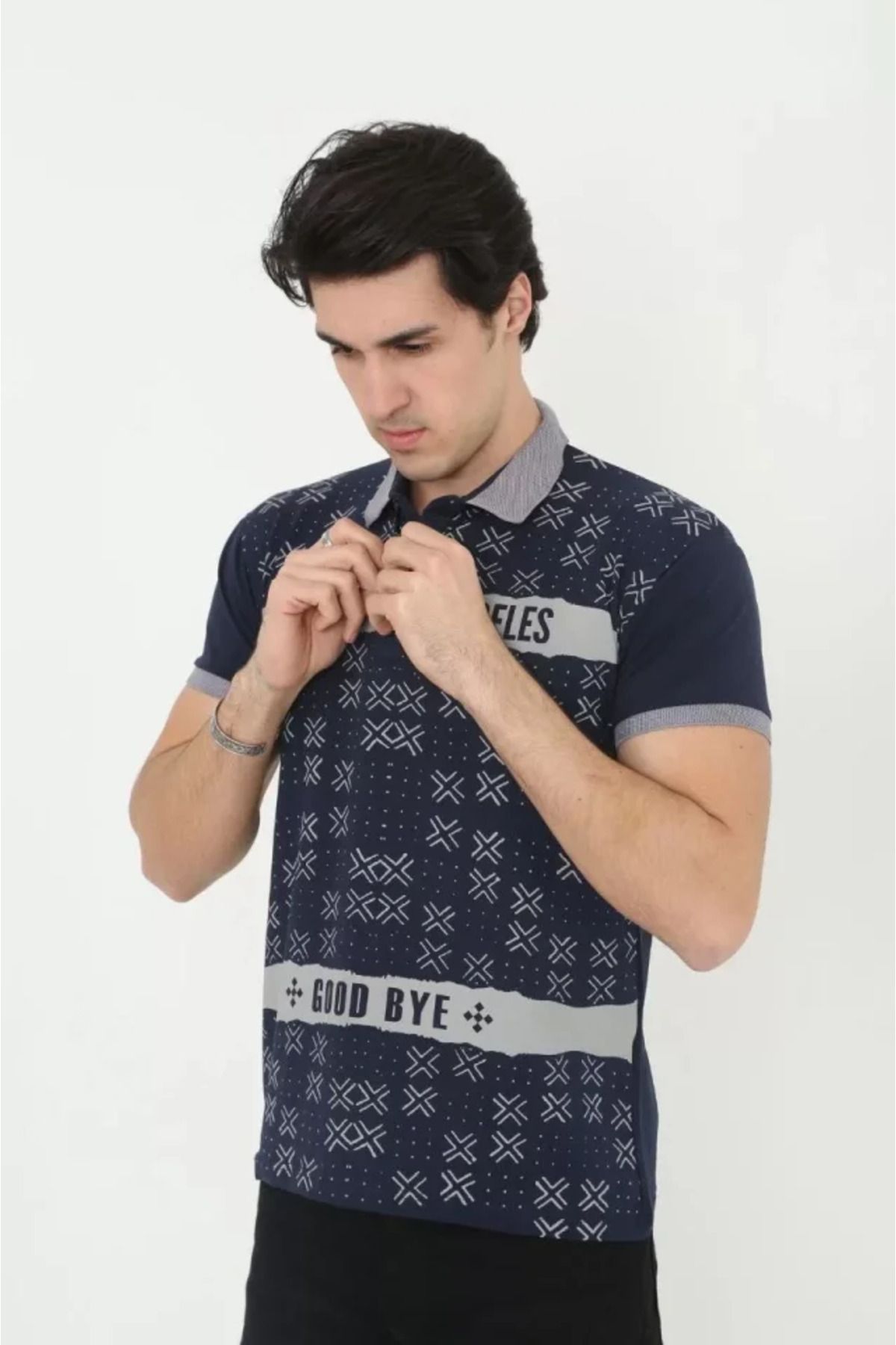 Asap Erkek Yakalı Slim Fit Baskılı T-Shirt - Lacivert
