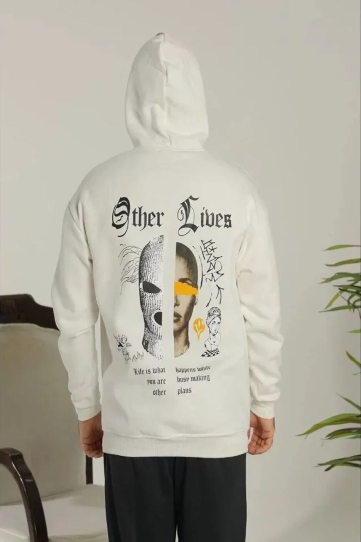 Melenza Erkek Sırt Baskılı Oversize Üç İplik Kapüşonlu Sweatshirt - Beyaz