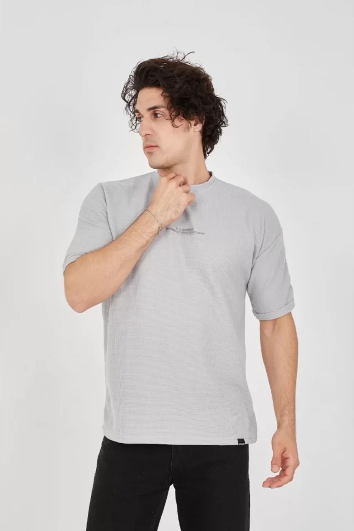 Albayrak Unisex Waffle Kumaş Rahat Kol T-Shirt - Boyalı Gri