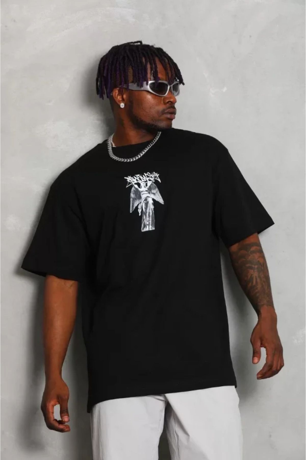 Asap Unisex Oversize Baskılı Bisiklet Yaka T-Shirt - Siyah
