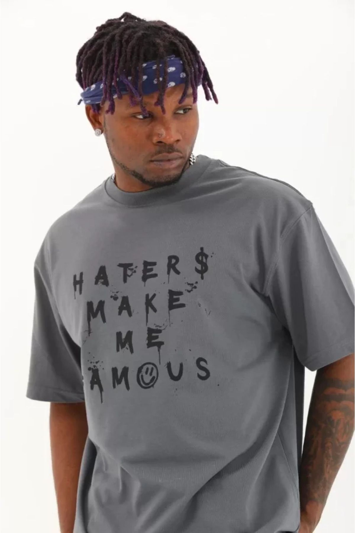 Albayrak Unisex Oversize Baskılı Bisiklet Yaka T-Shirt - Füme