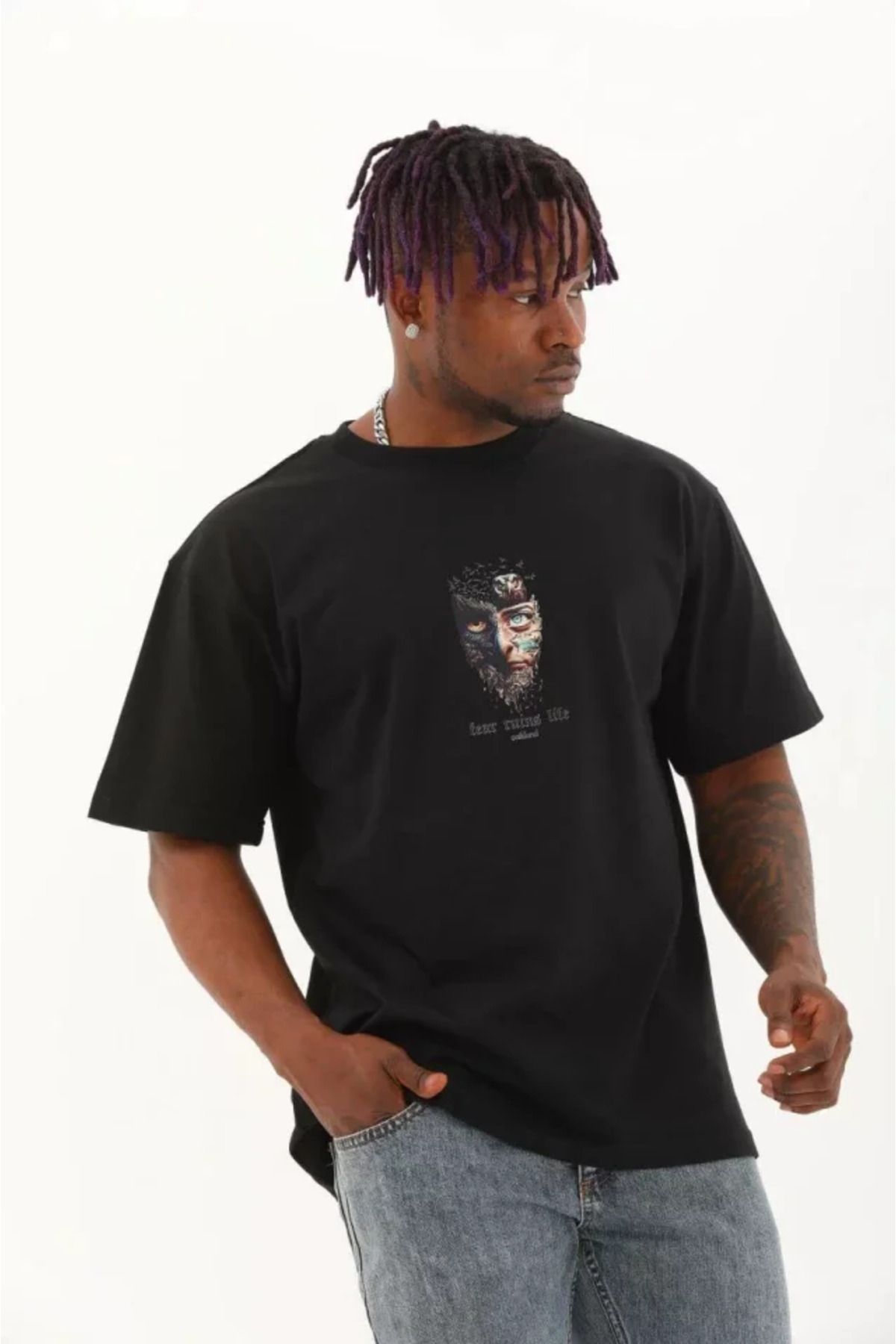 Albayrak Unisex Oversize Baskılı Bisiklet Yaka T-Shirt - Siyah