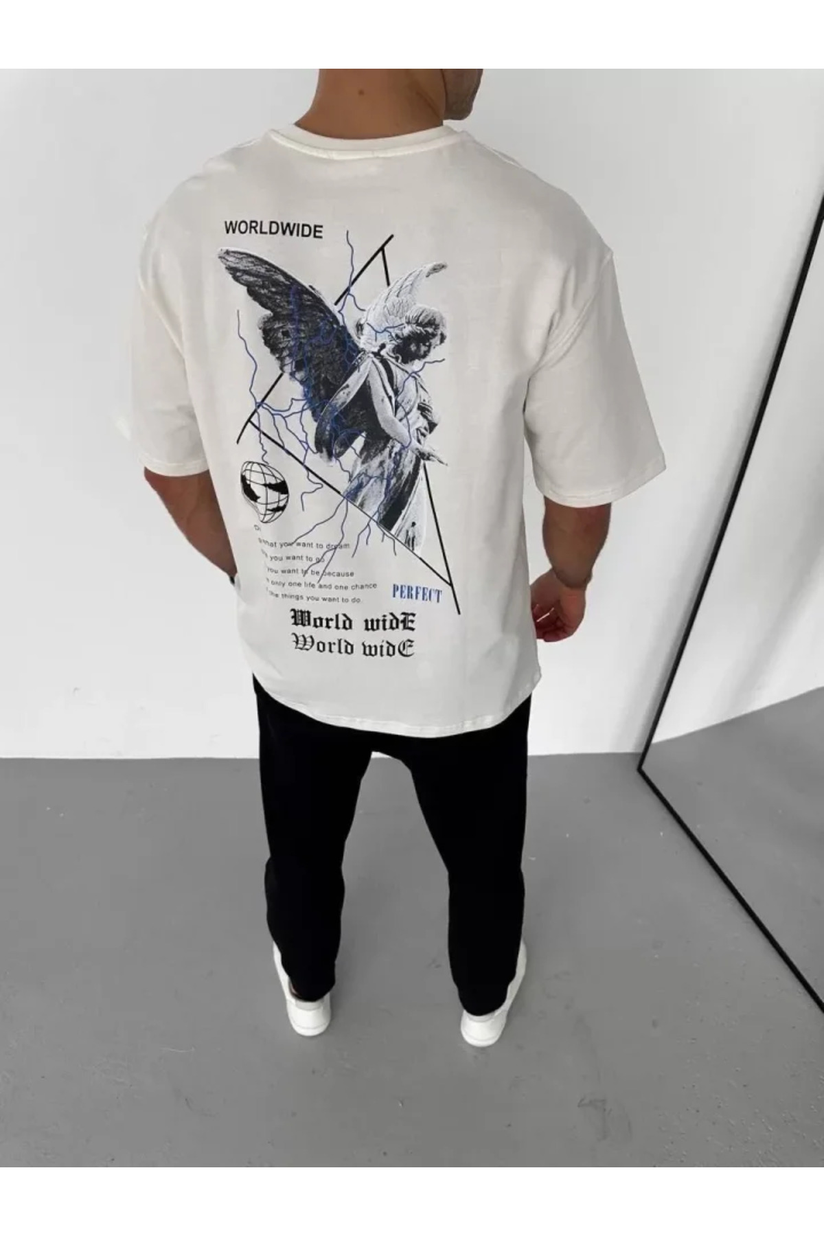 Unisex Bisiklet Yaka Baskılı Oversize T-Shirt - Beyaz