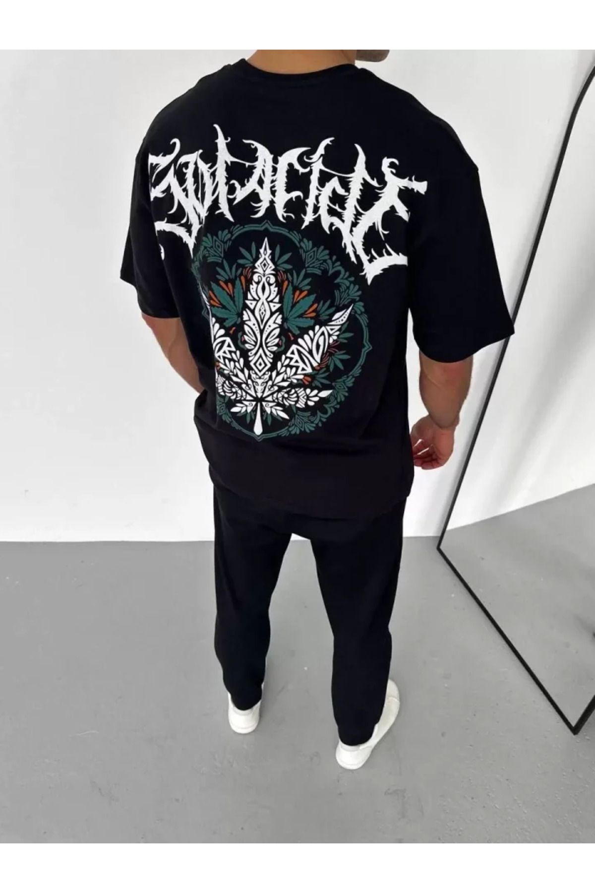 Albayrak Unisex Bisiklet Yaka Baskılı Oversize T-Shirt - Siyah