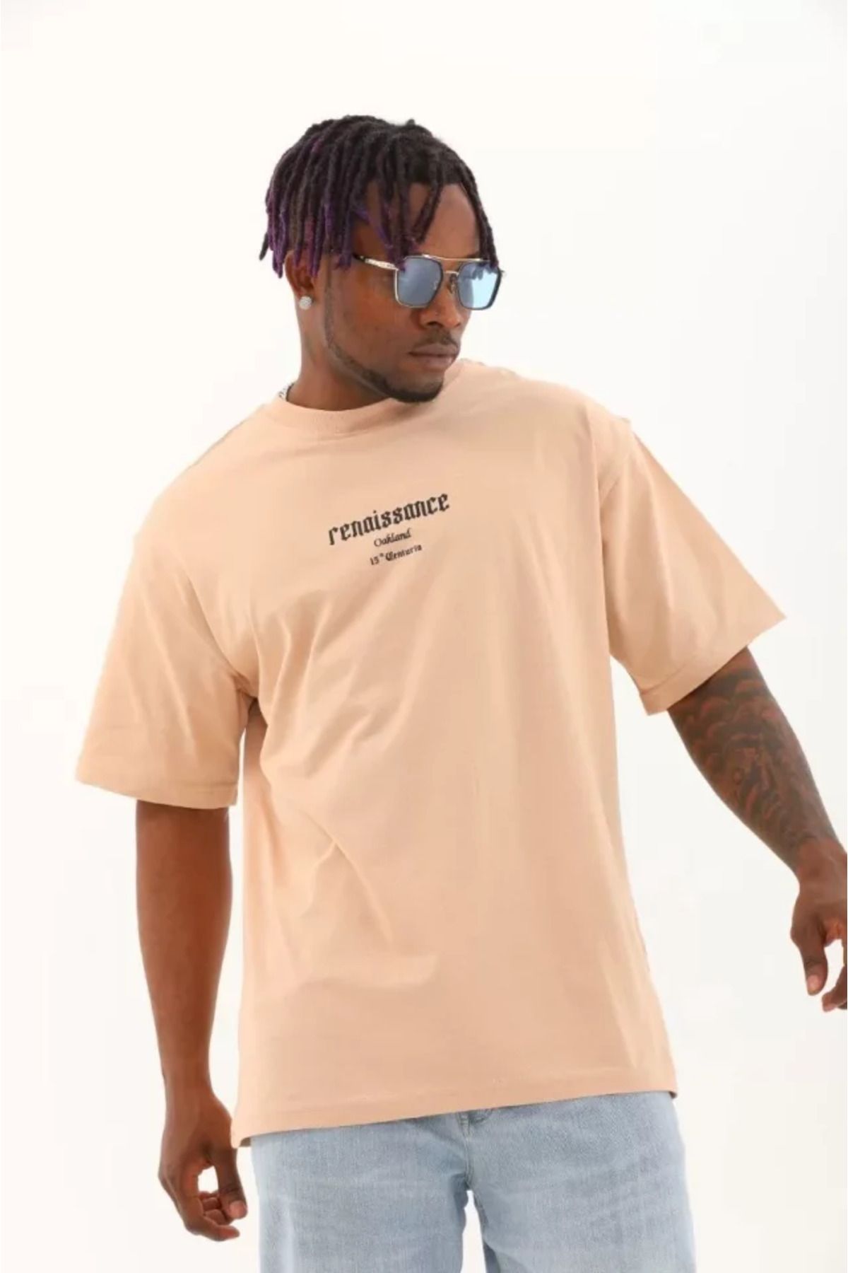 Albayrak Unisex Oversize Baskılı Bisiklet Yaka T-Shirt - Bej
