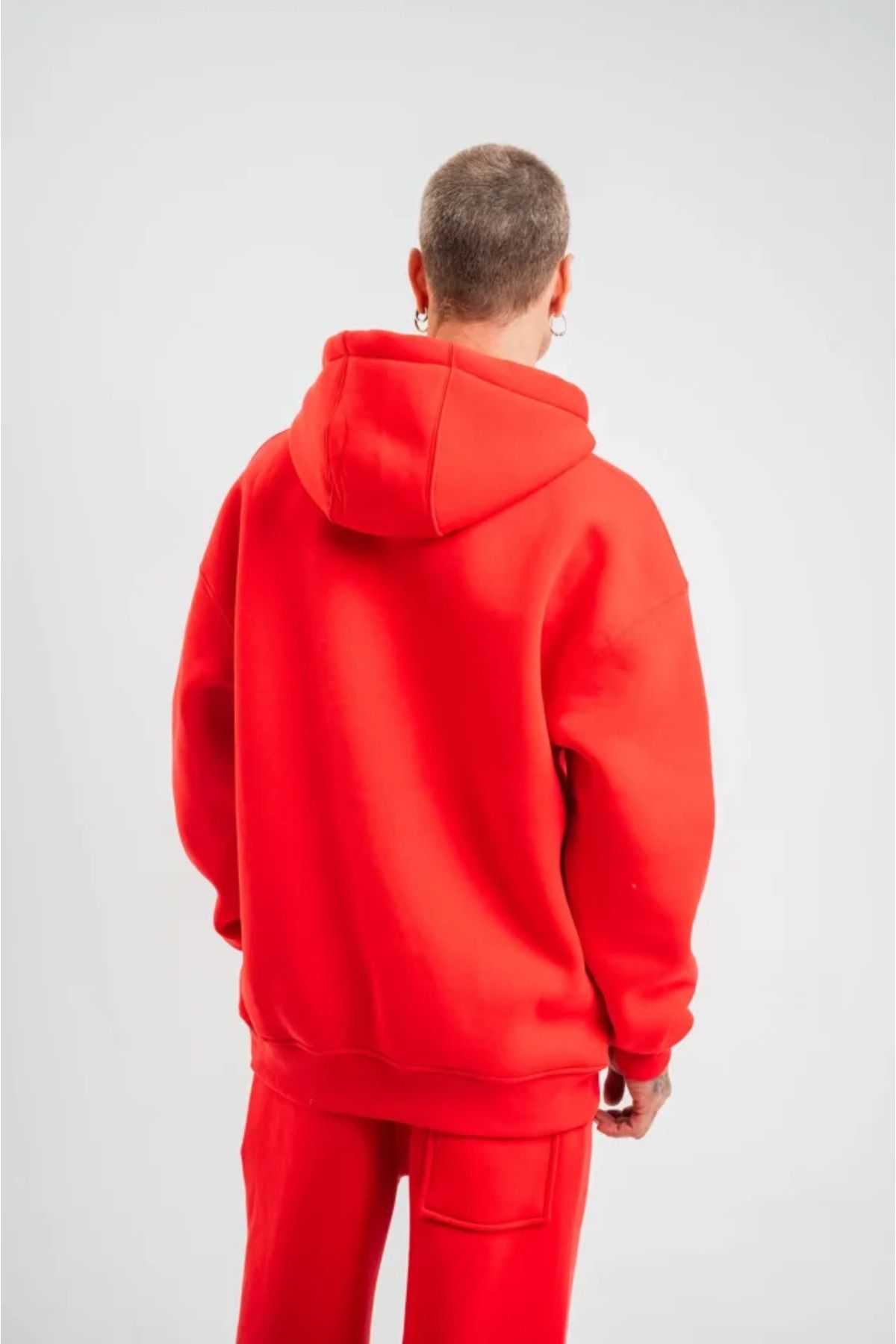 MODAVERA Unisex Double Oversize Kapşonlu Basic SweatShirt - Kırmızı