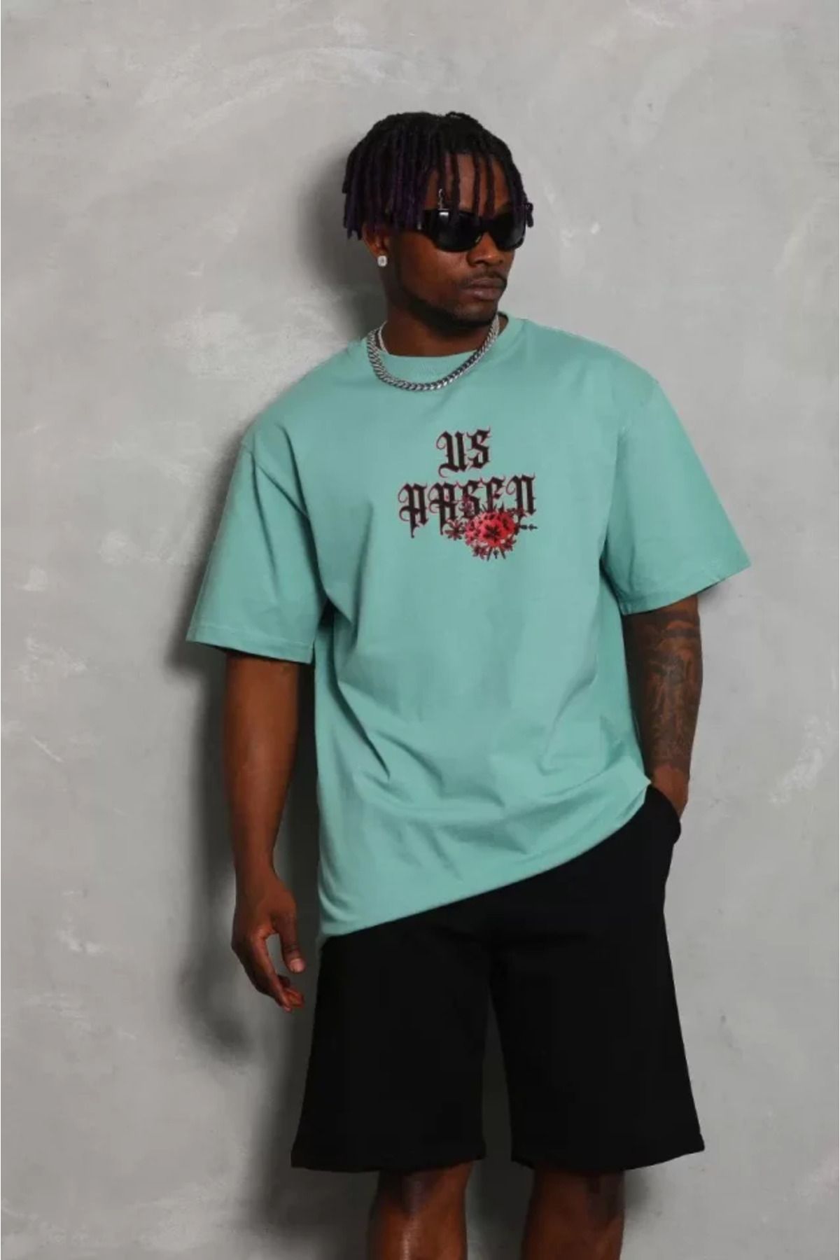 Asap Unisex Oversize Baskılı Bisiklet Yaka T-Shirt - Mint Yeşili
