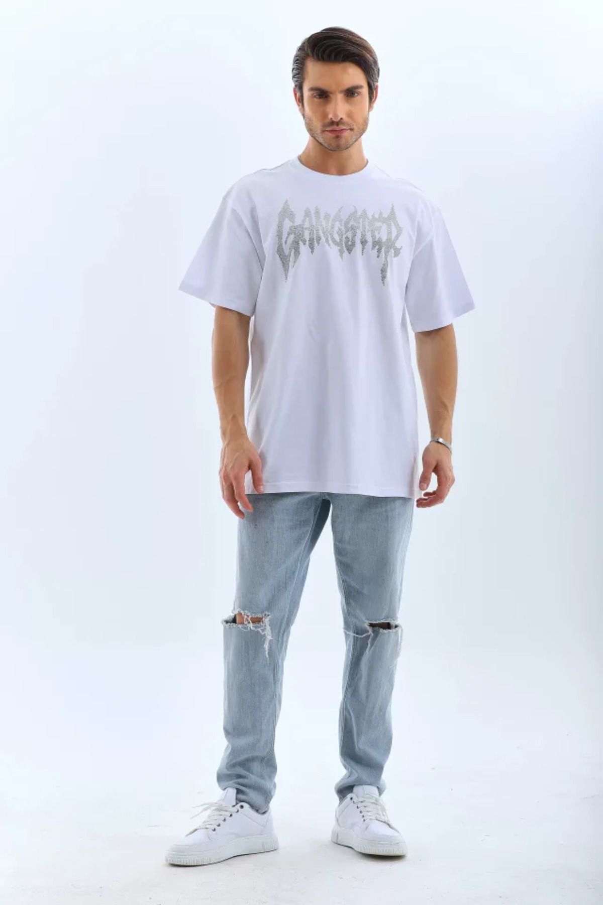 Asap Unisex Oversize Taşlı Bisiklet Yaka T-Shirt - Beyaz