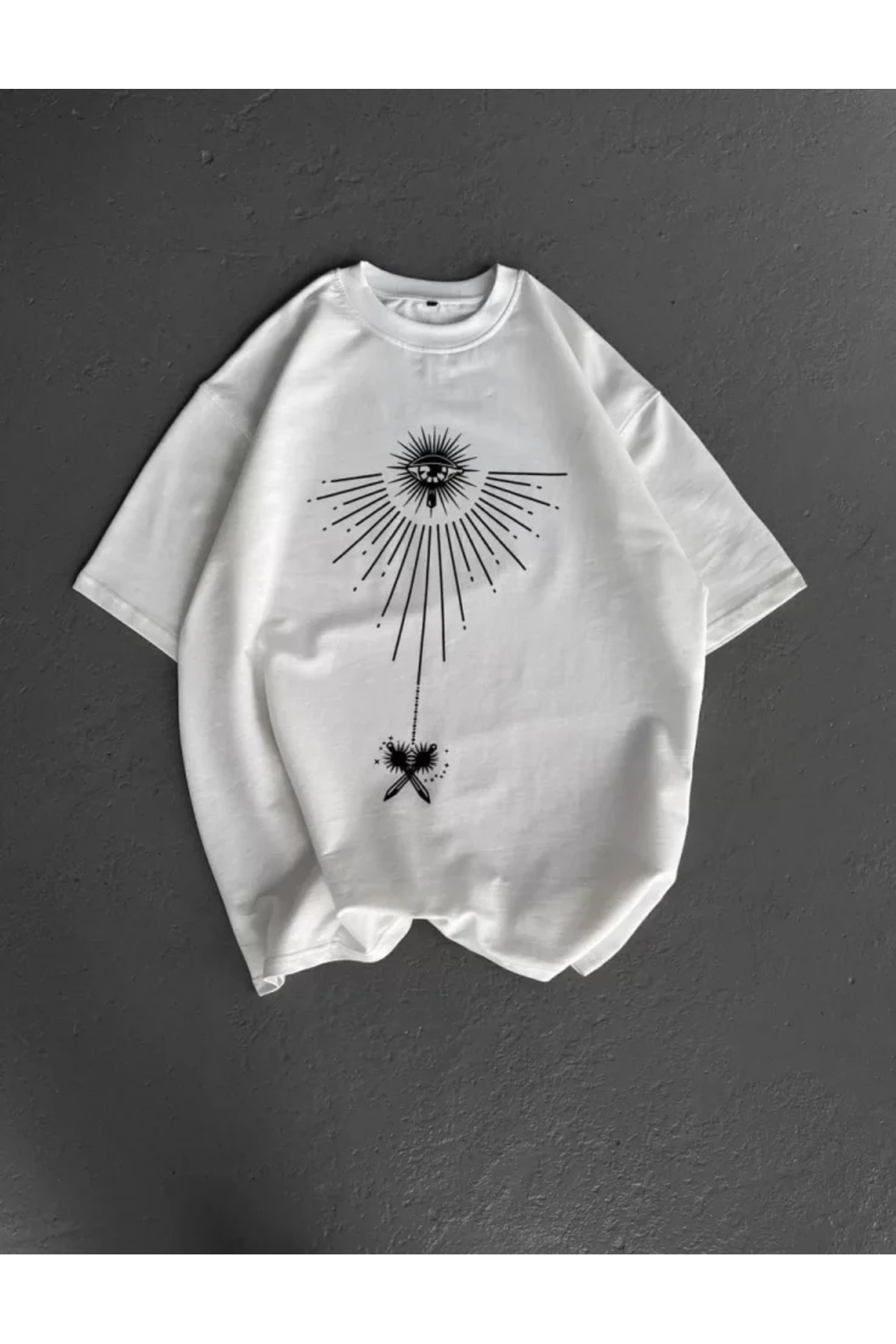 Unisex Bisiklet Yaka Baskılı Oversize T-Shirt - Beyaz