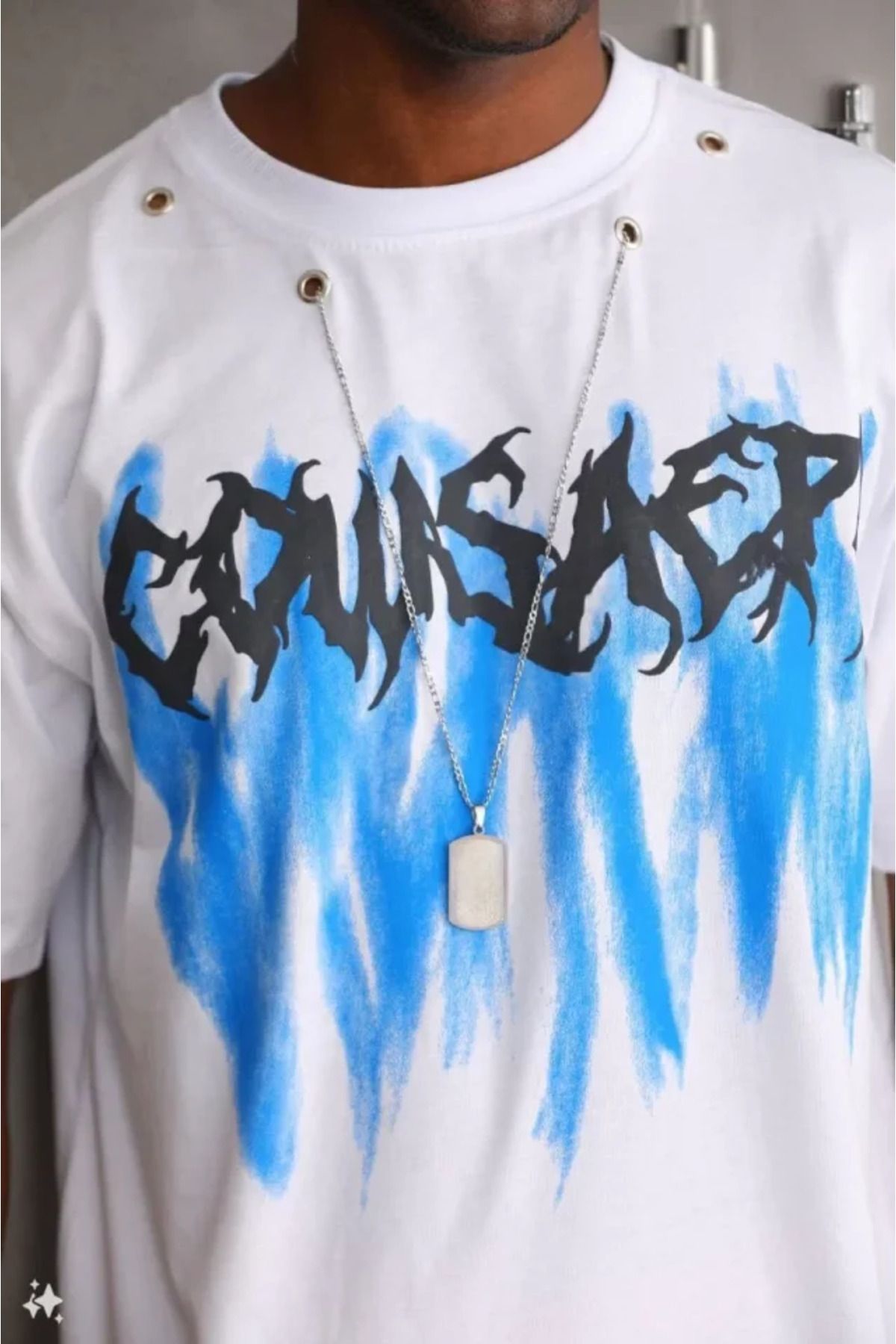 Asap Unisex Oversize Kolye Dahil T-Shirt - Beyaz