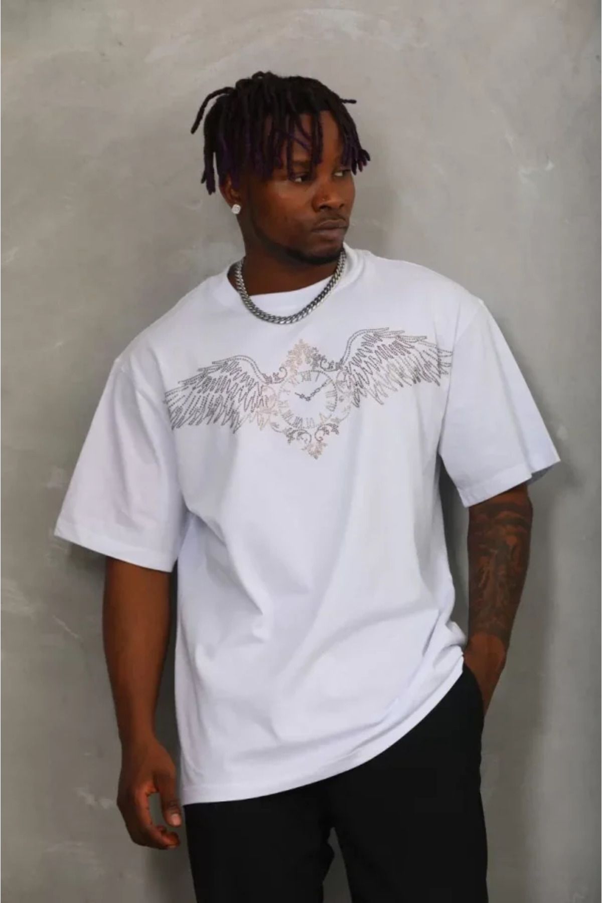 Asap Unisex Oversize Taşlı Bisiklet Yaka T-Shirt - Beyaz