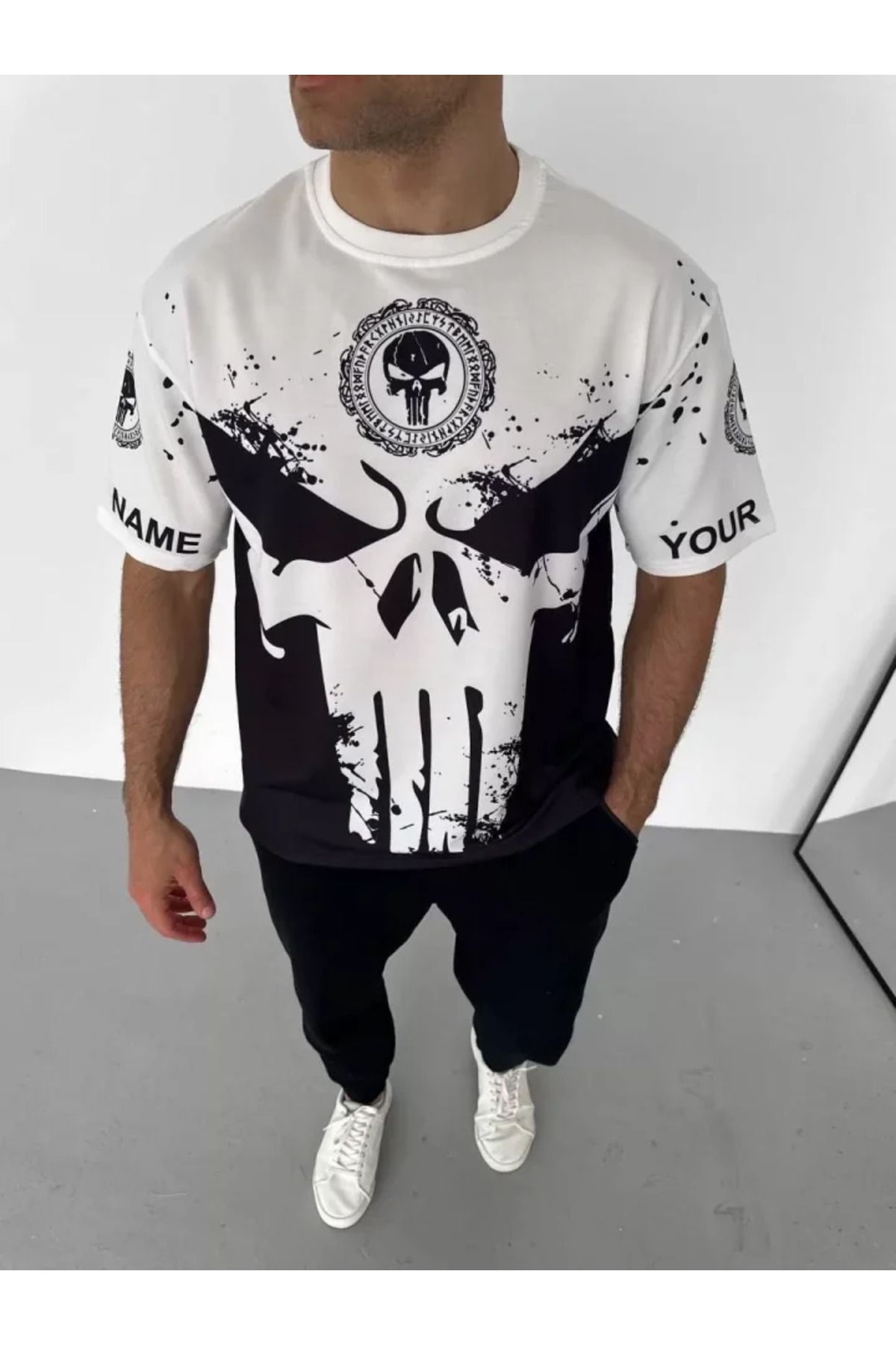 vivenza Unisex Bisiklet Yaka Baskılı Oversize T-Shirt - Beyaz